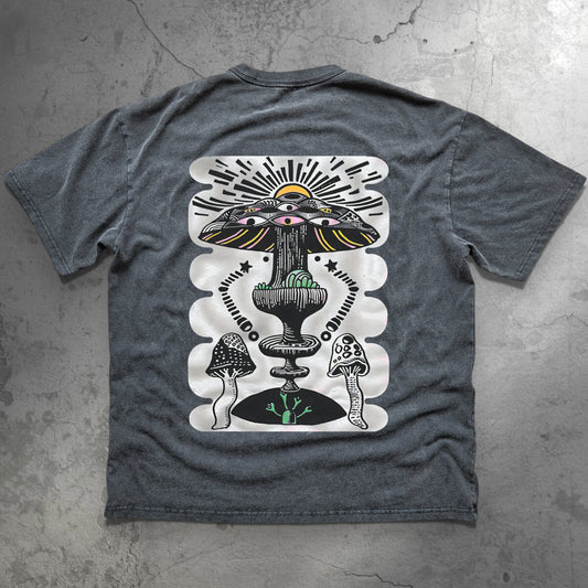 Back of Sacred Shroom tee featuring psychedelic mushroom art with third eye and sun rays
