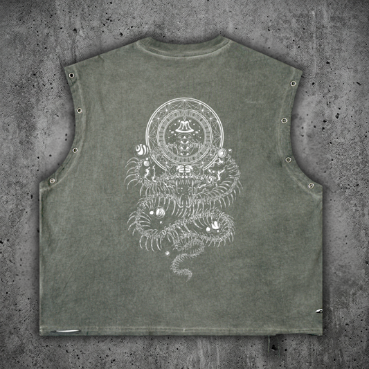 Green sleeveless shirt with white serpent graphic design on a concrete surface