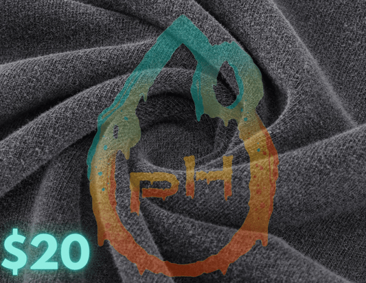 Phantasmagorical $50 gift card with dripping PH logo on dark grey fabric background