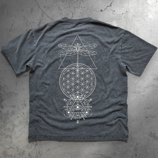 Back of Existential Fluffy Vintage tee with white dragonfly Flower of Life and sacred geometry art