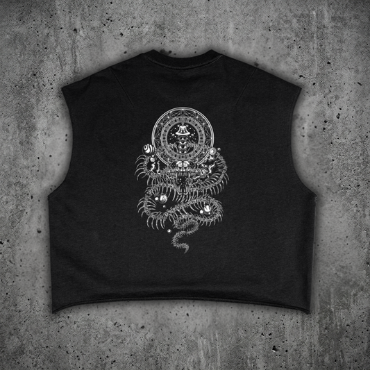 Back view of the DMT.exe 340 GSM French terry boxy tank top from the Sacred Collection, featuring raw cut sleeves and custom psychedelic snake artwork.