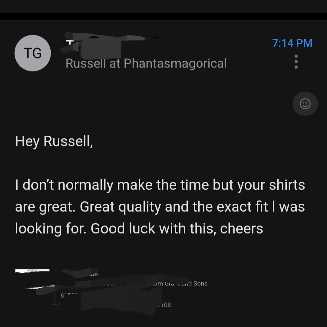 Customer review praising Phantasmagorical Dimensional Drift shirt quality and fit