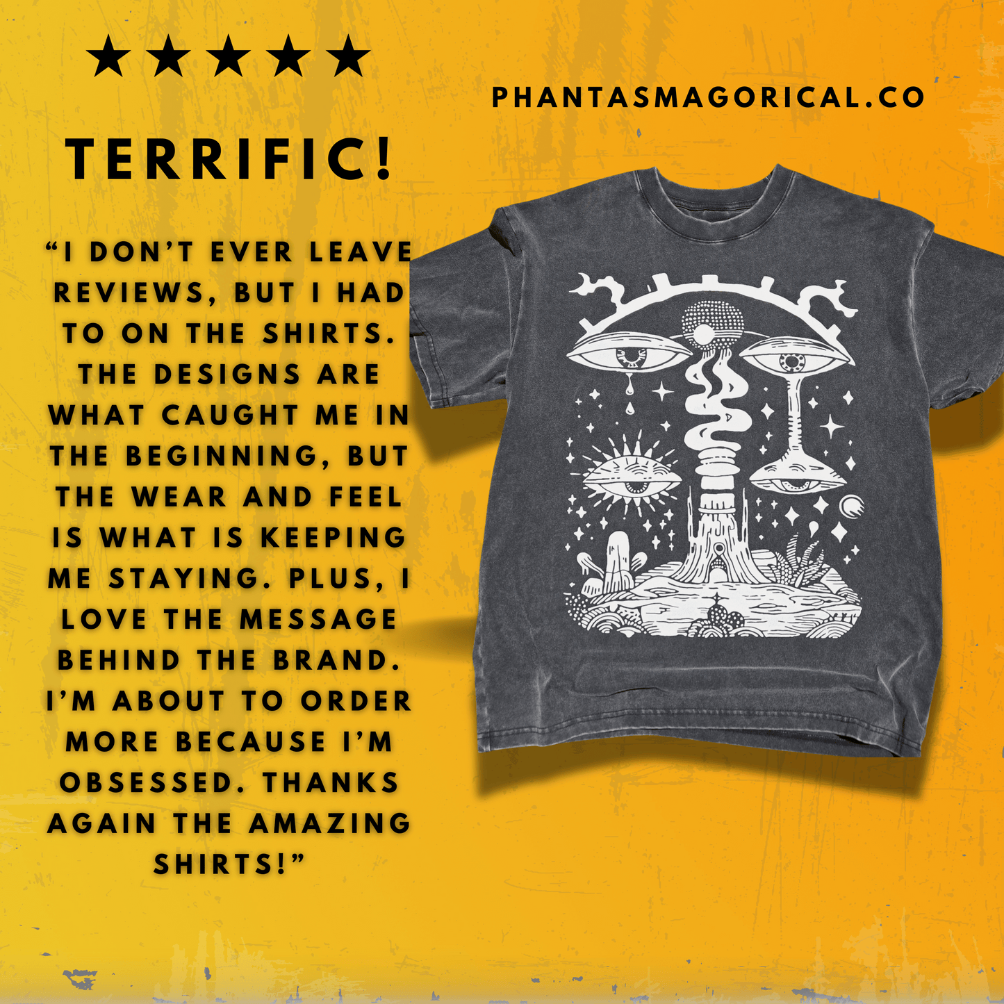 Five-star customer review graphic with charcoal surreal eye Paradoxical Perspective tee image and testimonial