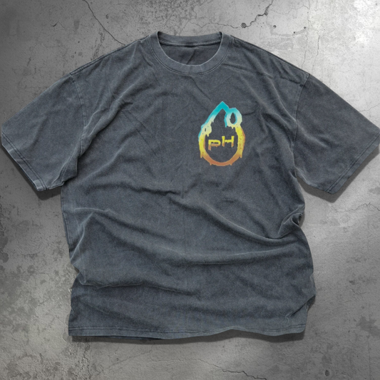 Back of acid-washed grey Space Trip tee with UFO beaming light onto mushrooms and two green aliens