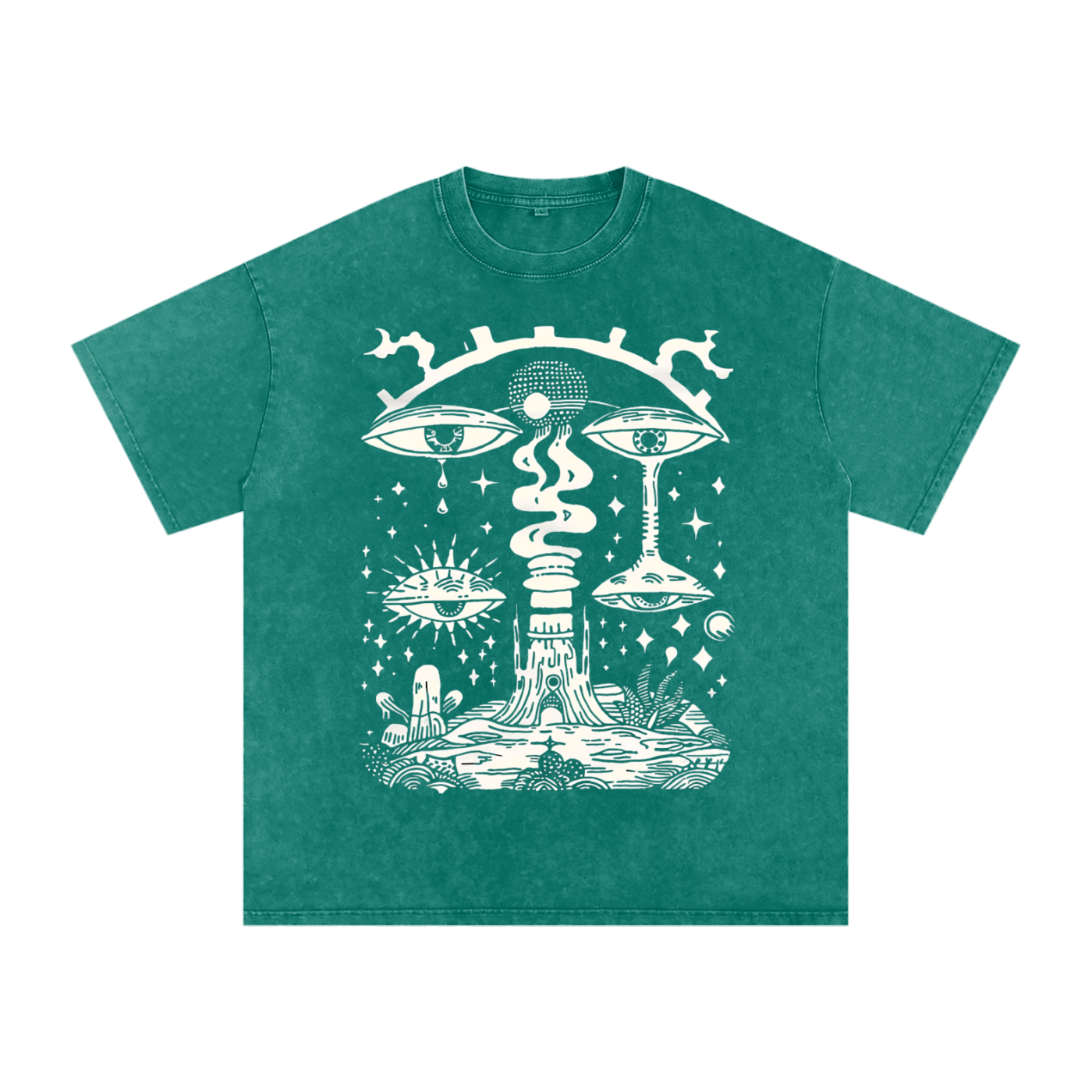 Paradoxical Perspective acid wash tee in green with psychedelic art design featuring eyes and cosmic motifs
