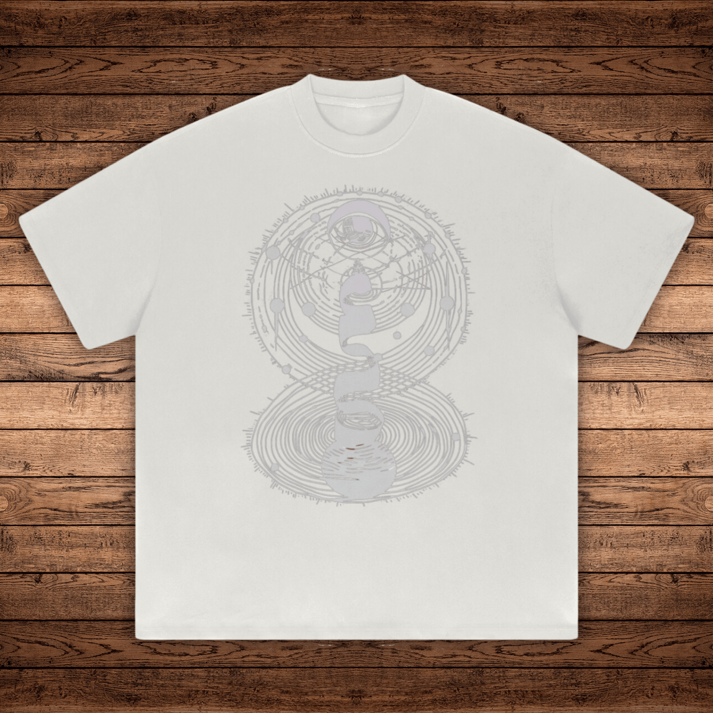 Oat gray Cosmic Connection Absurdly Heavyweight tee with subtle gray infinity-shaped concentric circles and planets