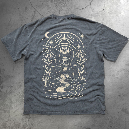 Charcoal Journey Within Fluffy Vintage tee with cream face profile third eye temple mushroom and moon