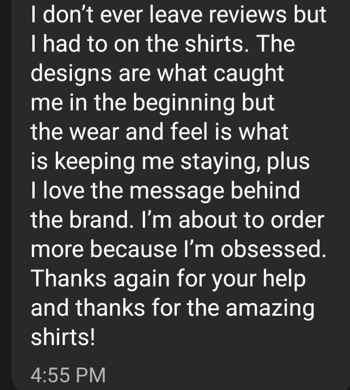Customer text review praising Phantasmagorical shirt designs comfort feel and brand message