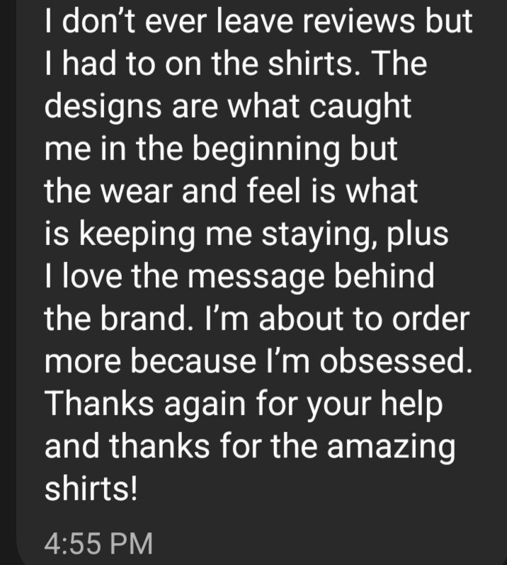 Customer review screenshot praising Phantasmagorical shirt designs, soft wear and feel, and brand message