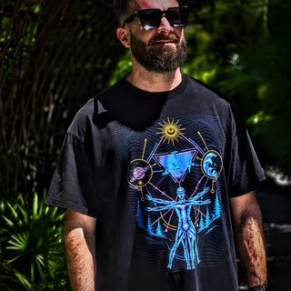 Man wearing the Interconnected heavyweight vintage tee outdoors, showing a ribbed collar and clean seams holding their shape