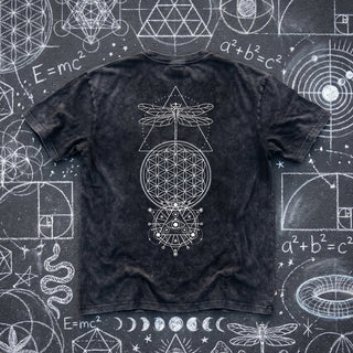 Back of the Existential snow wash relaxed fit heavyweight graphic tee in black, with fine white line art of a dragonfly over a triangle, a Flower of Life circle and an all-seeing eye