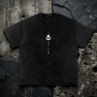 Black snow wash Existential oversized heavyweight tee on dark slate, printed with a minimal white celestial stack of a crescent moon, stars and planets