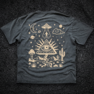 Charcoal Mystic Signal fluffy vintage wash heavyweight tee laid flat on dark stone, showing the faded garment washed finish