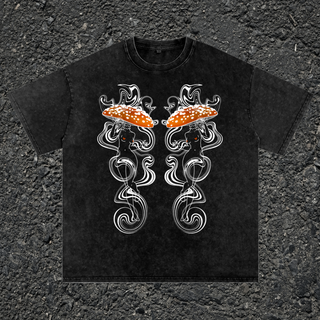 Mushroom Lady Patakota collaboration art on a black heavyweight tee, Phantasmagorical