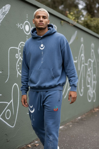Model wearing snow wash heavyweight joggers from the Phantasmagorical Bottoms collection