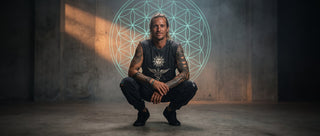 Model crouching in a concrete chamber wearing the Inner Alchemy snow washed raw hem tank and snow wash joggers