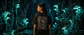 Back of the black Embrace The Chaos Patakota collab snow wash tee with a tangled serpent print, in a cave of glowing mushrooms