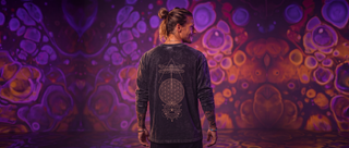 Back of the Black Beauty Existential acid wash oversized long sleeve on a tattooed model, in front of a violet and amber liquid light projection