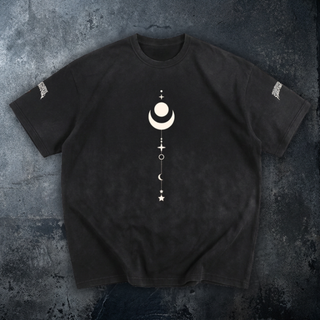 Vintage-washed black tee with a white celestial moon and star totem printed down the chest