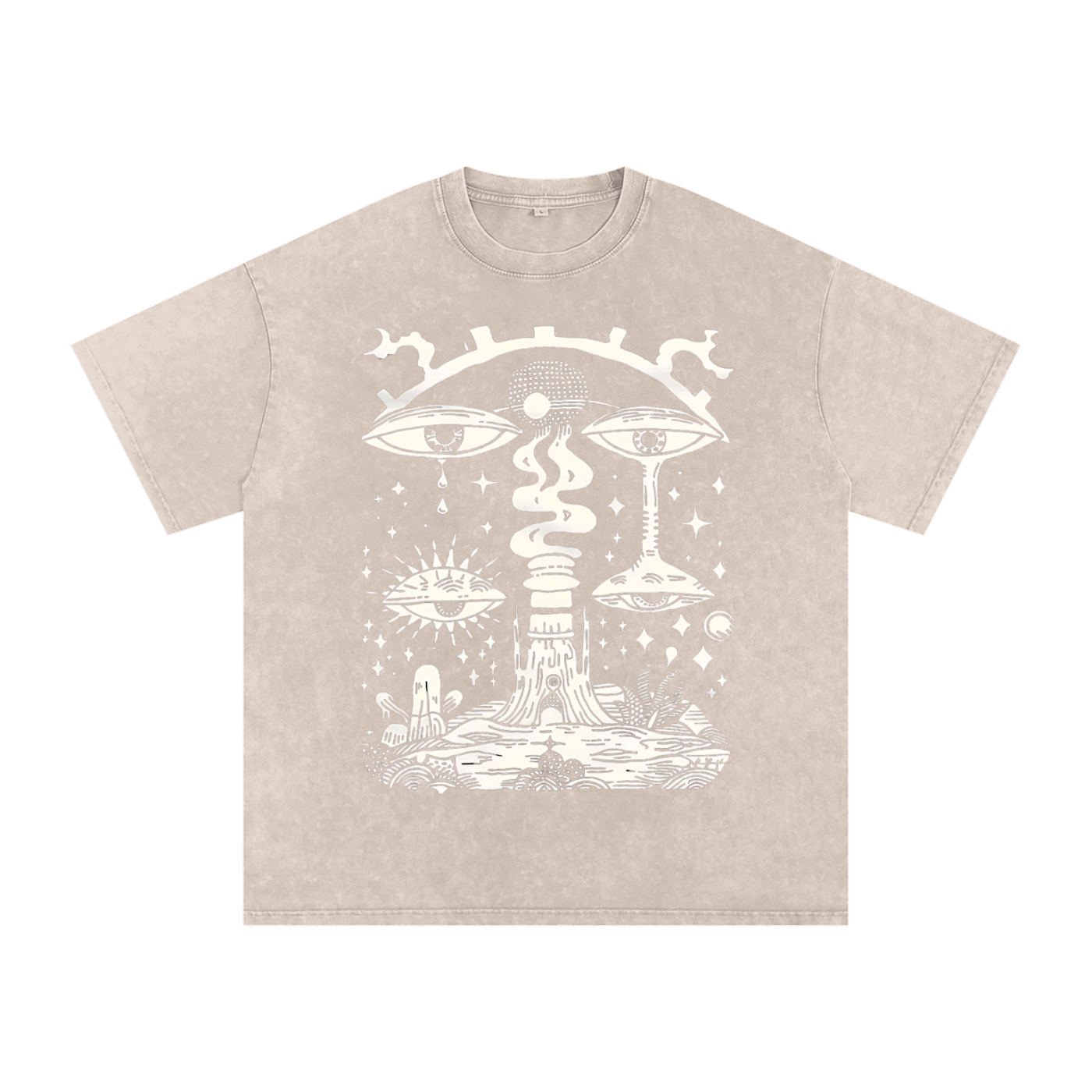 Paradoxical Perspective acid wash tee in beige with psychedelic eyes and cosmic design