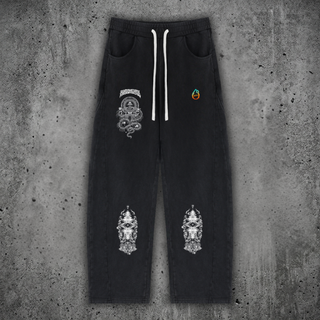 Spirit Molecule barrel leg sweatpants in black, front flat lay in 420 GSM mineral wash cotton