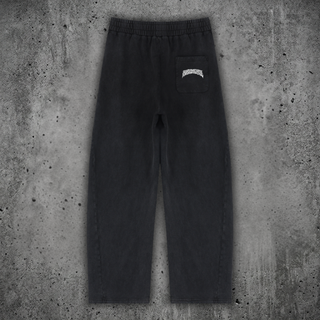 Black Spirit Molecule barrel leg sweatpants, back flat lay with the Phantasmagorical patch pocket