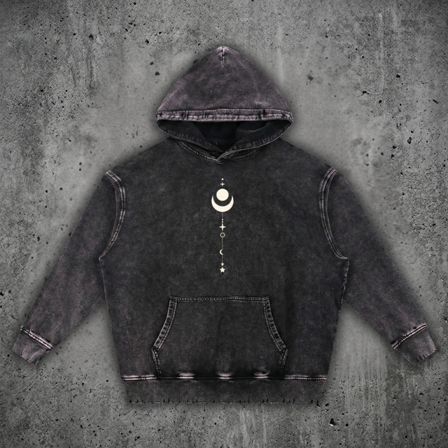 Charcoal snow wash Existential hand-frayed heavyweight hoodie on concrete, hood up with kangaroo pocket, printed with a cream crescent moon and celestial stack on the chest.