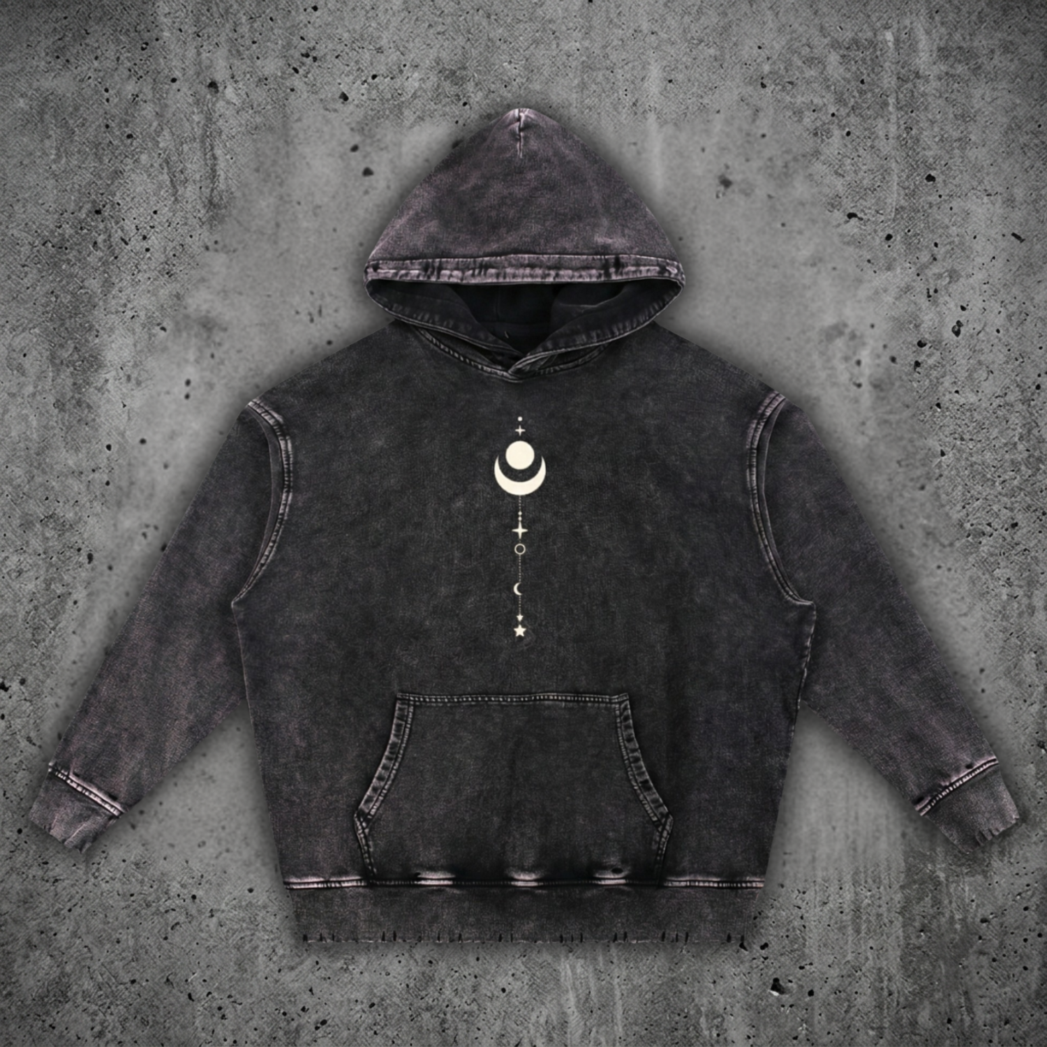 Charcoal snow wash Existential hand-frayed heavyweight hoodie on concrete, hood up with kangaroo pocket, printed with a cream crescent moon and celestial stack on the chest.