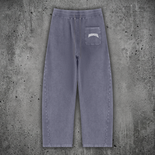 Washed gray Spirit Molecule barrel leg sweatpants, back flat lay showing the Phantasmagorical patch pocket
