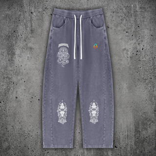 Spirit Molecule barrel leg sweatpants in washed gray, front flat lay with serpent mandala and totem artwork on the legs