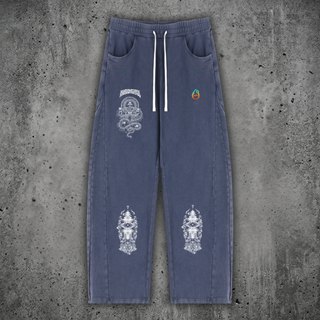 Spirit Molecule barrel leg sweatpants in washed blue, front flat lay with mirrored totem prints on both shins