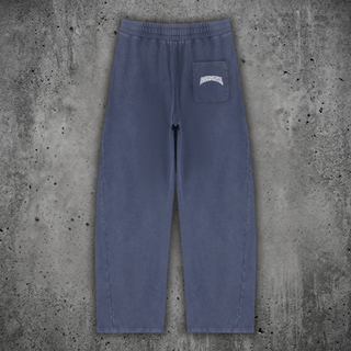 Washed blue Spirit Molecule barrel leg sweatpants, back flat lay showing the wide straight leg and open hem