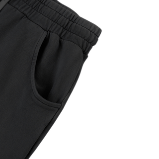 Slant side pocket and elastic waistband detail on black Spirit Molecule 420 GSM cotton sweatpants