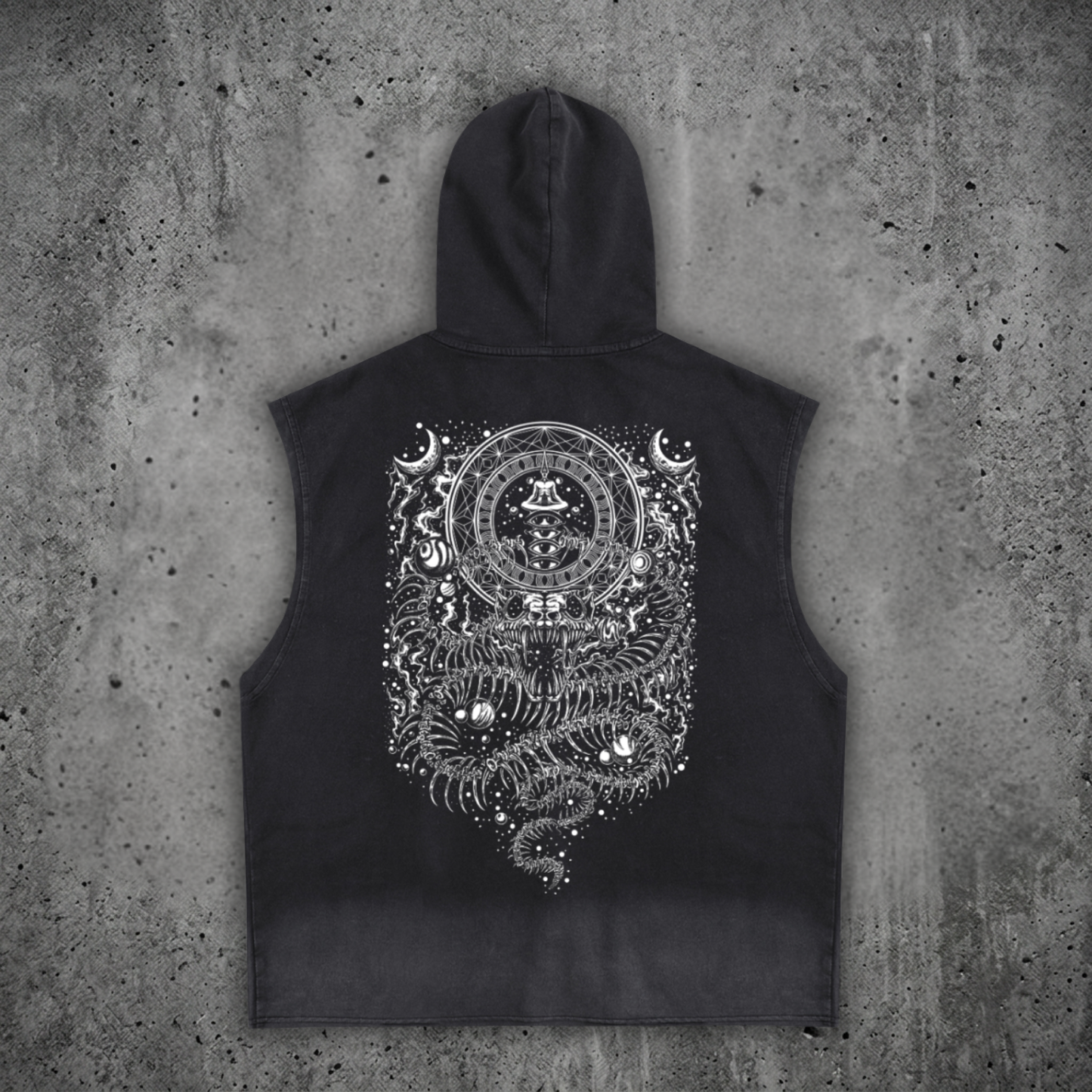 Back view of the distressed festival sleeveless hoodie, featuring the massive DMT.exe psychedelic snake and visionary art graphic on a 240 GSM washed cotton blend.