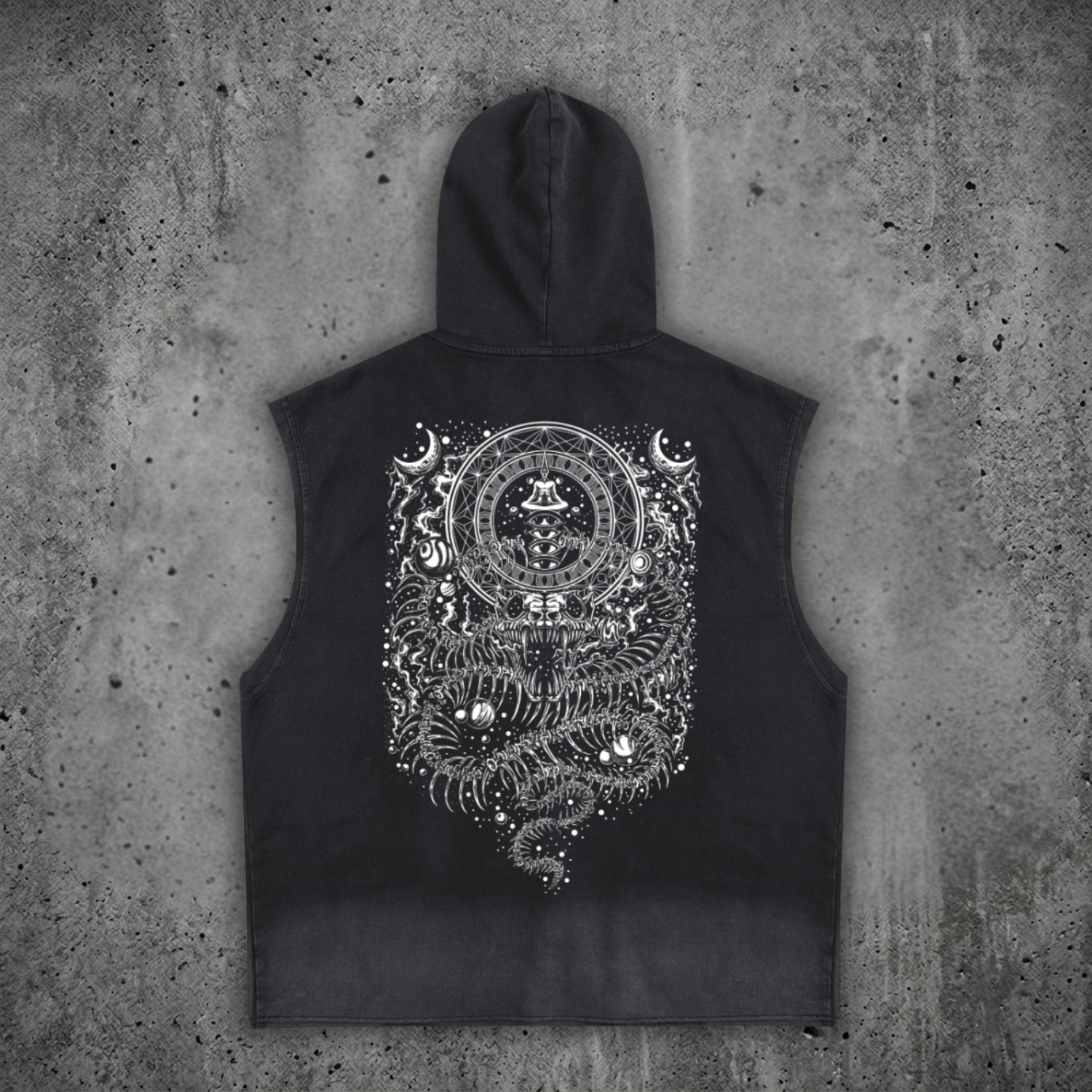 Back view of the distressed festival sleeveless hoodie, featuring the massive DMT.exe psychedelic snake and visionary art graphic on a 240 GSM washed cotton blend.