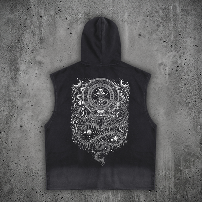 Back view of the distressed festival sleeveless hoodie, featuring the massive DMT.exe psychedelic snake and visionary art graphic on a 240 GSM washed cotton blend.