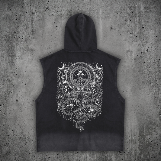 Back view of the distressed festival sleeveless hoodie, featuring the massive DMT.exe psychedelic snake and visionary art graphic on a 240 GSM washed cotton blend.