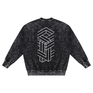 Back of black snow wash Paradigm crewneck with white geometric impossible staircase graphic