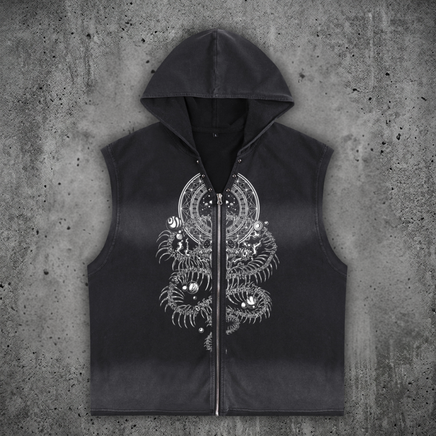 Front view of the DMT.exe vintage wash zip-up hooded tank top, showing a distressed streetwear fit, functional hood, and front psychedelic art details.