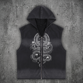 Front view of the DMT.exe vintage wash zip-up hooded tank top, showing a distressed streetwear fit, functional hood, and front psychedelic art details.