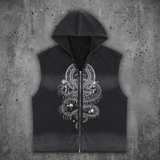 Front view of the DMT.exe vintage wash zip-up hooded tank top, showing a distressed streetwear fit, functional hood, and front psychedelic art details.
