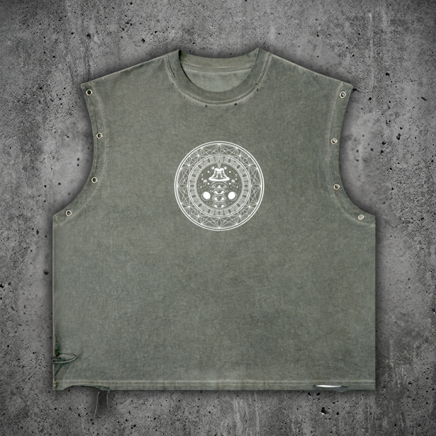 Front view of the DMT.exe heavyweight festival tank top in a vintage wash, featuring boxy fit, grommet eyelets, and psychedelic snake graphic.