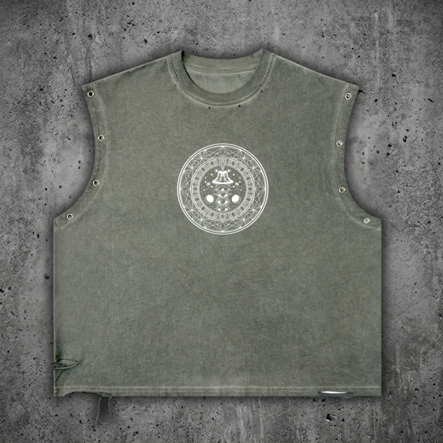 Front view of the DMT.exe heavyweight festival tank top in a vintage wash, featuring boxy fit, grommet eyelets, and psychedelic snake graphic.