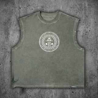 Front view of the DMT.exe heavyweight festival tank top in a vintage wash, featuring boxy fit, grommet eyelets, and psychedelic snake graphic.