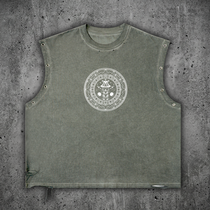 Front view of the DMT.exe heavyweight festival tank top in a vintage wash, featuring boxy fit, grommet eyelets, and psychedelic snake graphic.