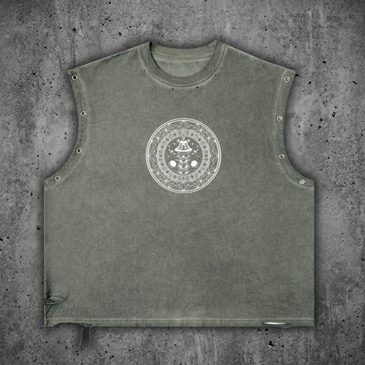 Front view of the DMT.exe heavyweight festival tank top in a vintage wash, featuring boxy fit, grommet eyelets, and psychedelic snake graphic.