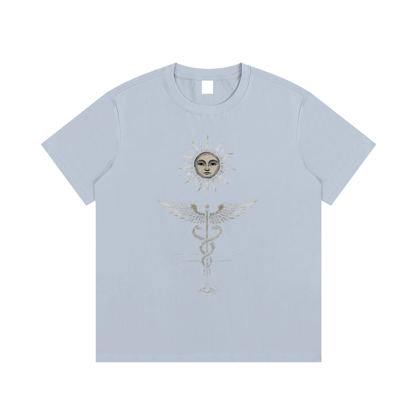 Light blue Inner Alchemy cotton tee flat lay with sun face caduceus and all-seeing eye print