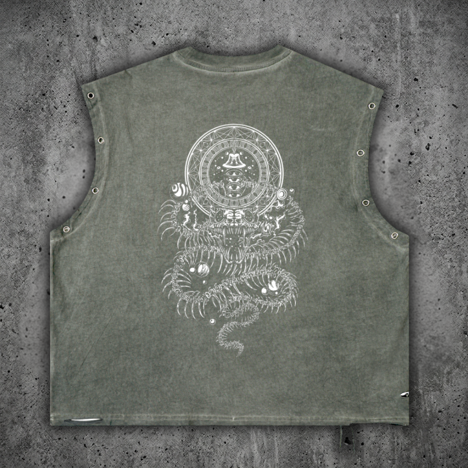 Green sleeveless shirt with white serpent graphic design on a concrete surface