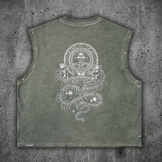 Green sleeveless shirt with white serpent graphic design on a concrete surface