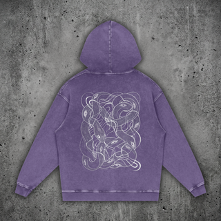 Lavender purple snow wash Embrace The Chaos loose cotton hoodie, back view with hood up on concrete, printed with white tangled serpent line art, a Patakota collab.